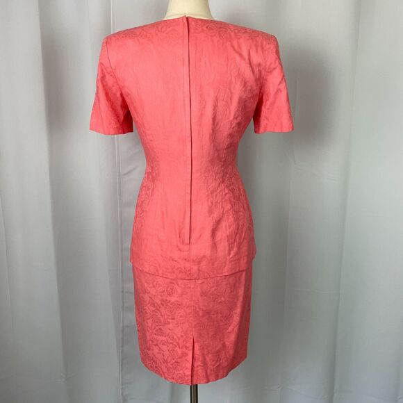 Vintage 80s Dress Size 8 Pink Coral Drop Waist Minimal Secretary Cocktail Retro - Picture 6 of 16